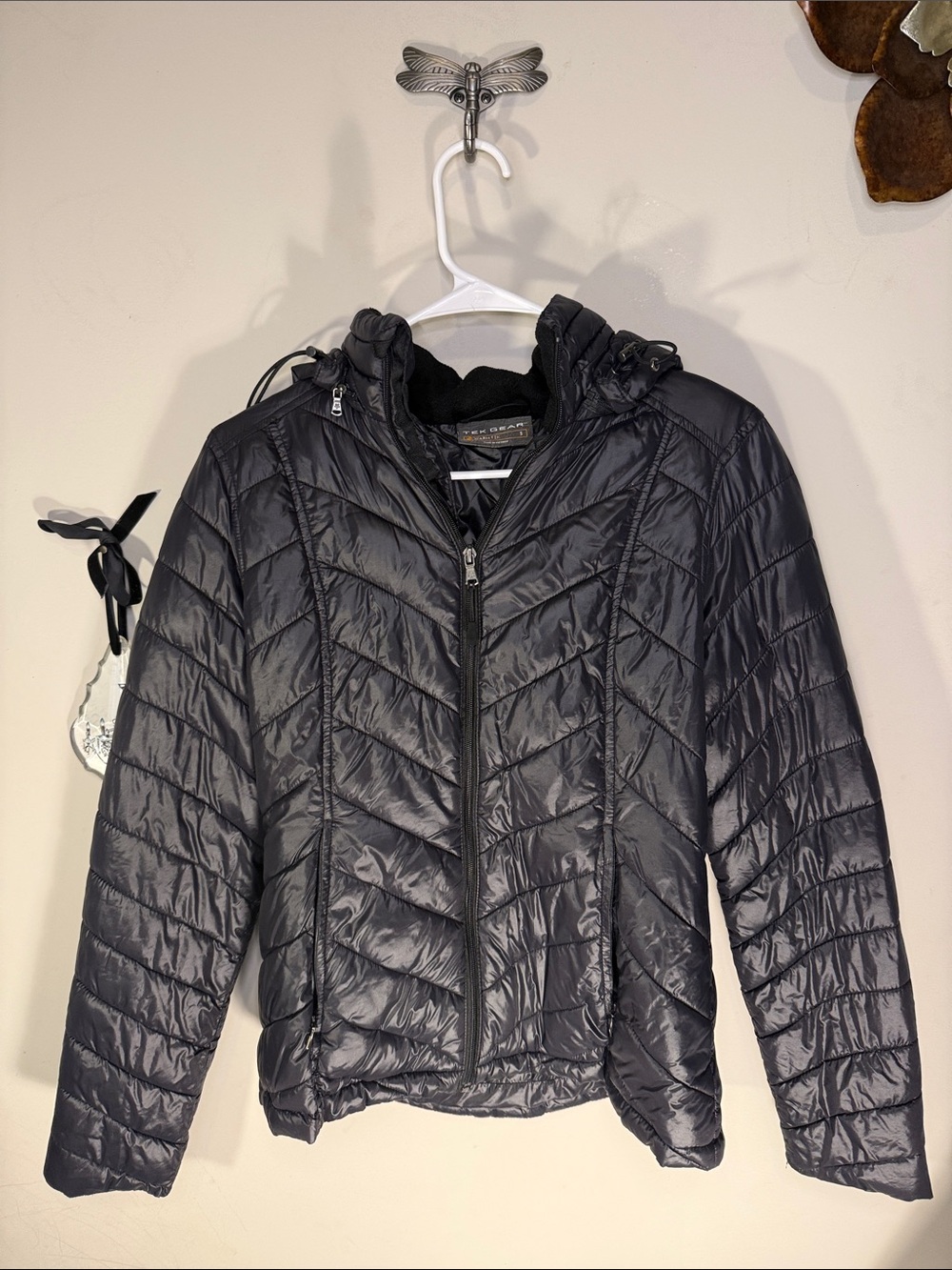 Tek Gear Warm Tek Lightweight Black Puffer Coat Hooded Quilted Chevron sz S